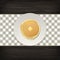 Realistic pancake with a piece of butter on a white plate closeup on wood background, top view. Design template for