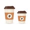 Realistic paper coffee cup set. Large and small sizes. Coffee take away. Vector illustration.