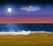 Realistic paradise coast early at morning. Vector sandy beach under the sunrise sky with moon still shining on it.