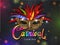Realistic party mask decorated with colorful feather and text carnival on bokeh background.