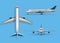 Realistic passenger airplane mock up, airliner in top, side, front view. Modern aircraft flight on blue