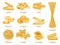 Realistic pasta types, farfalle, spaghetti and penne macaroni. Italian cuisine dish, dry organic pasta vector