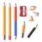 Realistic pencil and sharpener set with eraser, shavings, stumps
