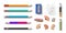 Realistic pencils. 3D colored school stationery with sharpener and shavings. Vector graphite sharpened pencils set of