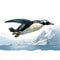 Realistic Penguin Flying Over Ocean And Arctic Mountains