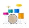 Realistic percussion musical instrument, drum set, sound barrels, plates, wands.