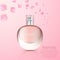 Realistic perfume bottle on abstract floral background, vector