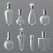 Realistic perfume bottle. Transparent empty bottles various shapes, glass containers with dispenser spray, cosmetic