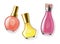 Realistic perfume bottles. Flasks with scents, glass bottles different forms with colorful liquid yellow and pink