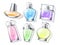 Realistic perfume top view. 3d aroma glass vials with color toilet waters, fragrance bottles lying, air bubbles in