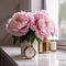 A realistic photo of a kitchen marble table with art decor flowers