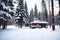 Realistic photo landscape of winter snow forest and camper