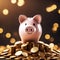 Realistic photo of piggy bank on piles of golden coin