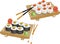Realistic picture set of sushi and roll with chopsticks