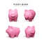 Realistic piggy bank set. Pink pig isolated on white background. Piggy bank concept of money deposit and investment