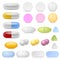 Realistic pills icons. Medicines tablets capsules drugs painkillers antibiotics vitamins. Pharmaceutical treatment