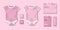 Realistic pink baby bodysuit template isolated. Bodysuit, baby shirt mockup for girls. Branding set of clothes and