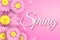 Realistic pink daisy flowers. Spring stylish modern cover for your project. Ecological spring composition. Seasonal web banner.