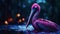 Realistic Pink Pelican Swimming In Rain In Dark Forest