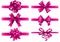 Realistic pink ribbons with bows. Festive wrapping bow, pinks silk ribbon and valentines day gifts decoration vector set