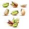 Realistic pistachios. 3D pistachio nut, ripe pistache with leaf, raw natural tasty food, kernel etc natural nuts