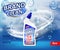 Realistic plastic cleaner container Advertising poster. Liquid detergent with soap bubbles and swirl on blue background