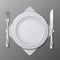Realistic plate, cutlery vector. Table setting with white plate, fork and knife isolated on transparent background