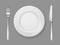 Realistic plate knife fork. Silver cutlery white food empty plate metal fork and knife on dinner table top view isolated