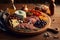 Realistic plate with meats and cheese selection concept, idea. Delicious and beautiful food appetizers. Ai generated