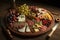 Realistic plate with meats and cheese selection concept, idea. Delicious and beautiful food appetizers. Ai generated