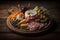 Realistic plate with meats and cheese selection concept, idea. Delicious and beautiful food appetizers. Ai generated