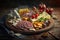 Realistic plate with meats and cheese selection concept, idea. Delicious and beautiful food appetizers. Ai generated