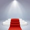 Realistic podium. Pedestal award winner ceremony first vip prestige spotlight carpet red, white round, vector image