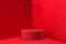 Realistic podium red 3D cylinder pedestal with heart shape peper cut shape background. Valentine minimal scene for products