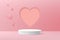 Realistic podium white 3D cylinder pedestal with pink heart peper cut shape background. Valentine minimal scene for products