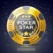 Realistic poker poster. Golden game chip, gambling advertising banner, luxury promo casino invitation, round game token
