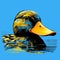 Realistic Pop Art Duck Sitting On Water With Blue Background