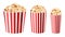 Realistic popcorn buckets. 3d multiple sizes paper cups, snacks for cinema and circus. Large, medium and small containers, striped