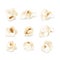 Realistic popcorn set. Collection of white fluffy popcorn elements or icons.