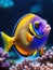 Realistic portrait of beautiful fish blue tang on coral reef