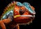 Realistic portrait of colorful chameleon isolated on dark background. AI generated