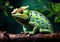 Realistic portrait of colorful chameleon isolated on dark background. AI generated