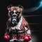 Realistic portrait of dwarf boxer breed dog in boxer outfit and boxing gloves