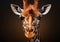 Realistic portrait of a giraffe on dark background. AI generated
