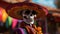 Realistic portrayal of a Day of the Dead skeleton wearing a sombrero and draped in a serape, with a background of colorful