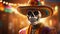Realistic portrayal of a Day of the Dead skeleton wearing a sombrero and draped in a serape, with a background of colorful
