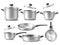 Realistic pots and pans. Shiny metal cookwares, 3d isolated utensils, glass lids, silver cooking saucepan, kitchen