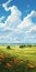 Realistic Prairie Landscape With Green Valley And Big Clouds