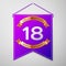 Realistic Purple pennant with inscription Eighteen Years Anniversary Celebration Design on grey background. Golden