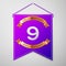 Realistic Purple pennant with inscription Nine Years Anniversary Celebration Design on grey background. Golden ribbon